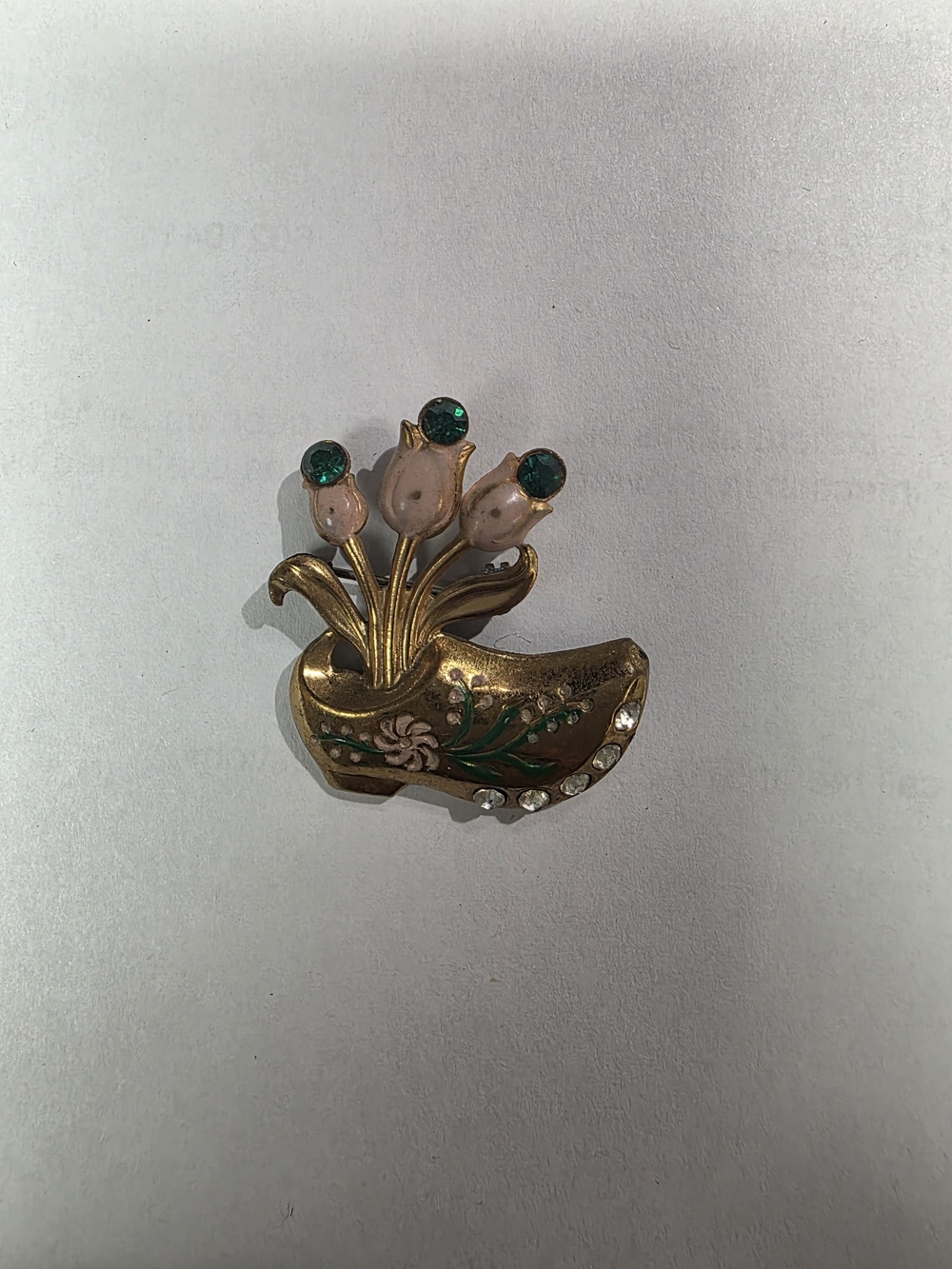 Vintage Gold-Tone Floral Shoe Brooch with Pink Tulips and Green Stones